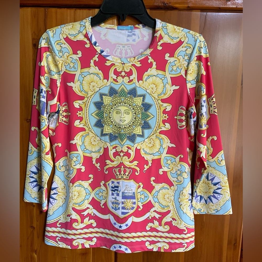 J MCLAUGHLIN Coral Print with Sun Size Small 3/4 Sleeve Shirt Catalina Cloth